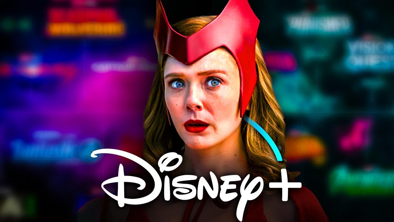 Wanda in WandaVision, Marvel Studios slate logos, Disney Plus logo