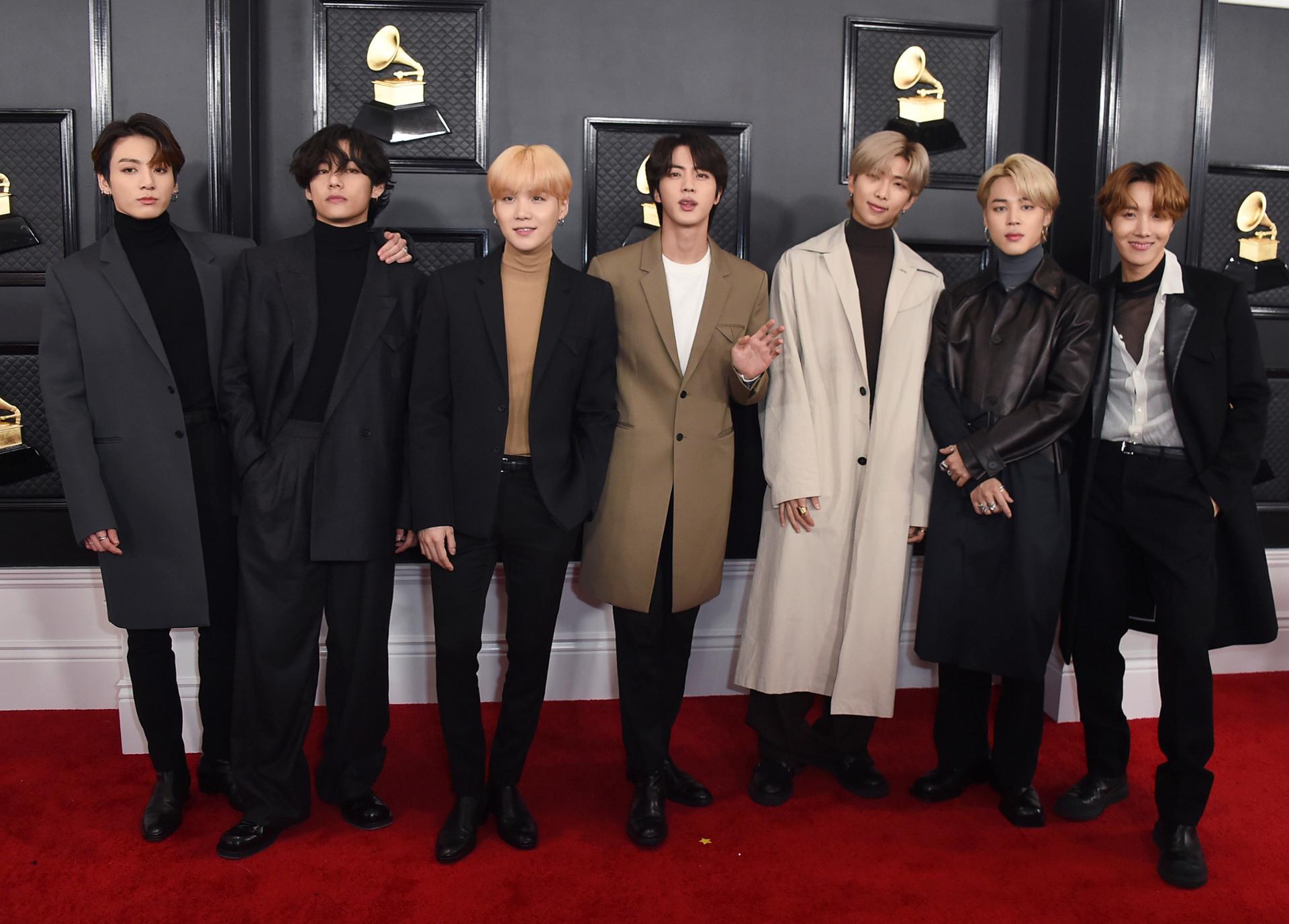 K-pop act BTS arrives for the 62nd annual Grammy Awards in Los Angeles, Jan. 26, 2020. The boy band was the first Korean act ever invited to perform at the ceremony. AP-Yonhap